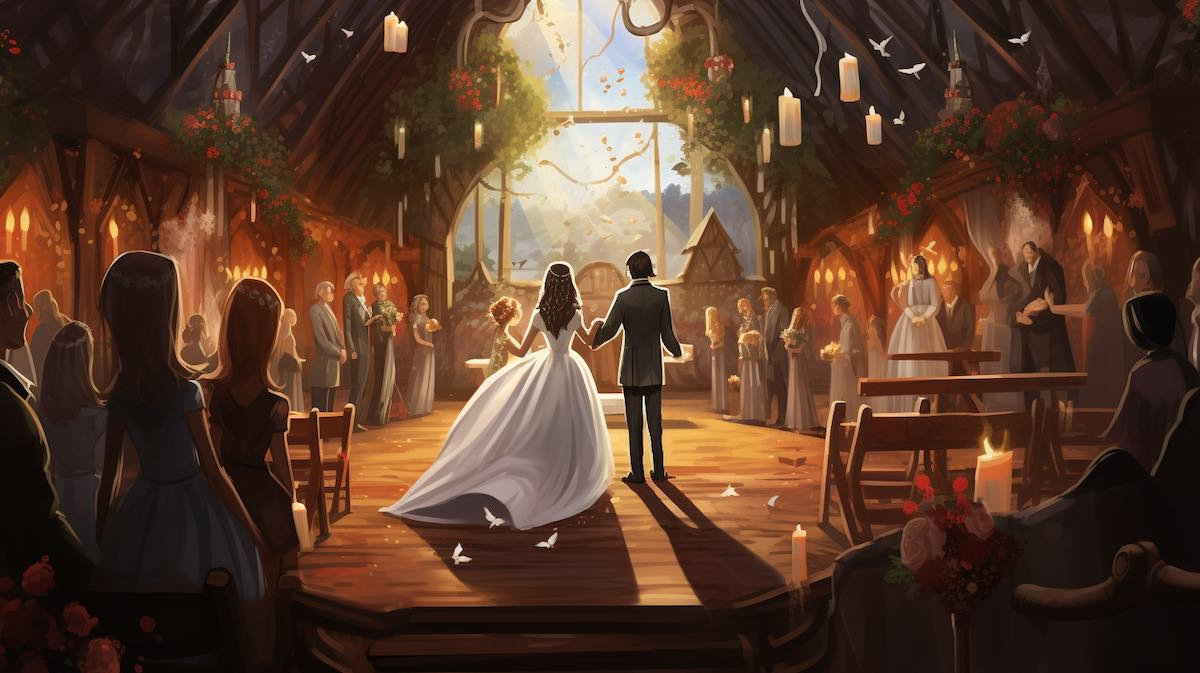 Family Devotion: God's Love Story featured image showing animated bride and groom surrounded by guests