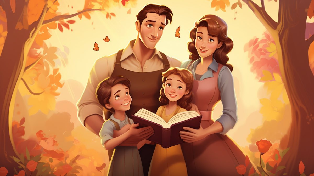 Family Devotion: The Four Pillars Of A Healthy Child featured image showing an animation of a family standing in the forest holding a book